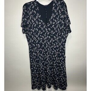 Lands’ End Black Tan Printed Faux Wrap Cap Sleeve Knee Length Dress 2X W/Pockets